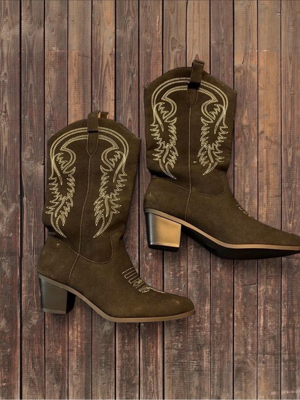 SHEIN Brown Suede Embroidered Western Heeled Boots